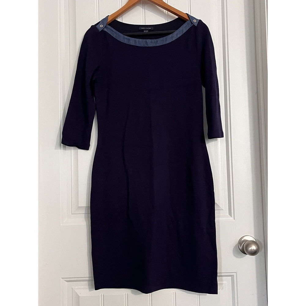 Tommy Hilfiger Womens Dress Size Small Navy Stretch Short Sleeve Knee Length 152